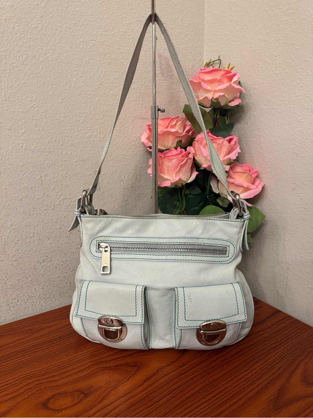 Vintage Marc Jacobs Pale Blue Leather Shoulder Bag with Front Pockets